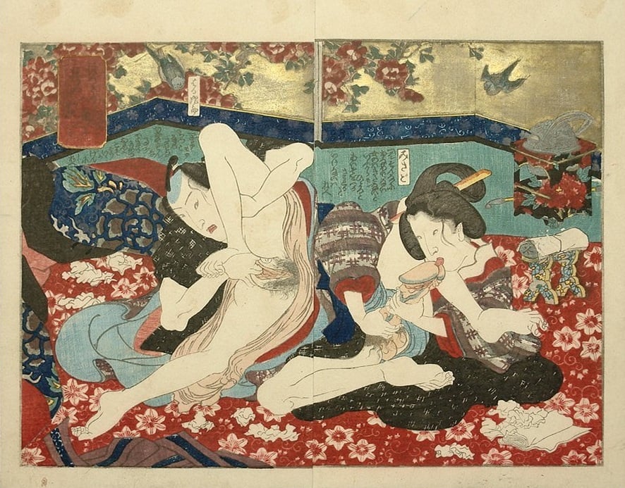 Shunga print of a man and womand performing mutual oral sex