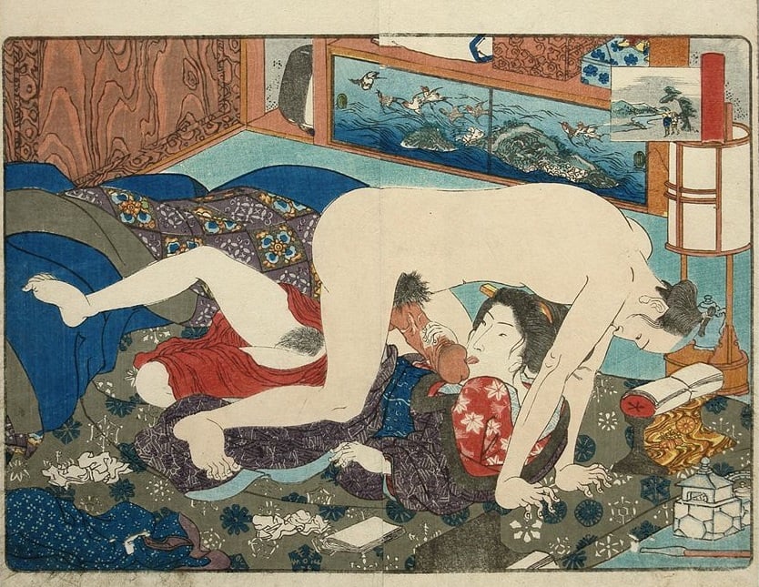 Shunga print of female performing felation to her husband