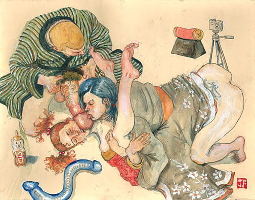 painting depicting threesome with two girl performing fellatio on a male filming it by jeff Faerber