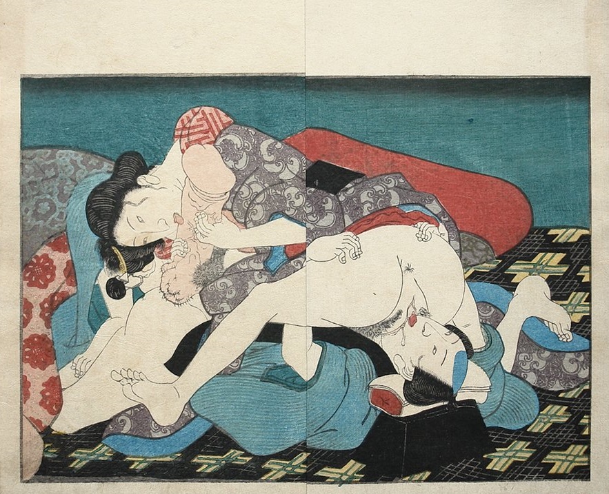 Shunga print with a man and woman in pose 69 performing oral sex