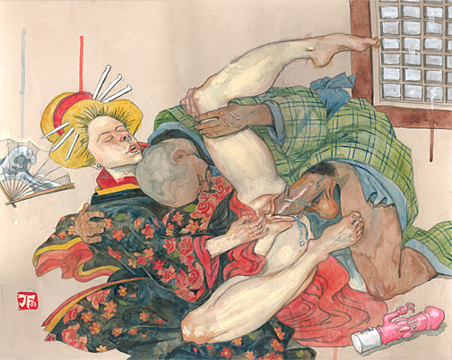 jeff faerber painting with bald-headed male penetrating a female dressed as a geisha with a Hokusai fan in the background