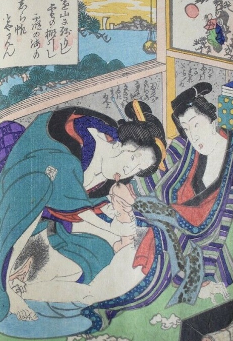 Geisha performing fellatio on a young client
