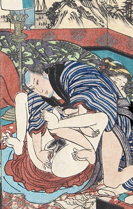The man fingering the woman in a blue kimono