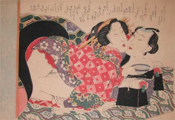 oban-sized shunga portraying a geisha holding a sake-bowl while entertaining a client by keisai eisen