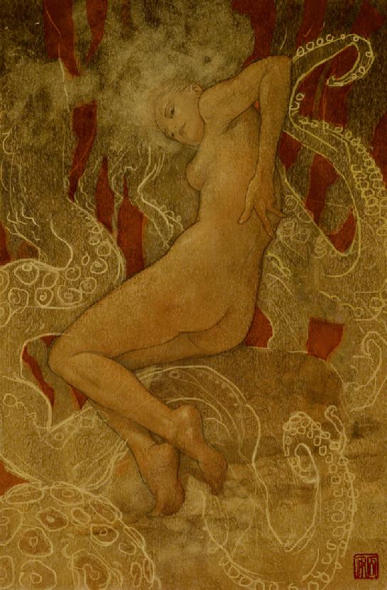 painting with gold tentacles and nude girl