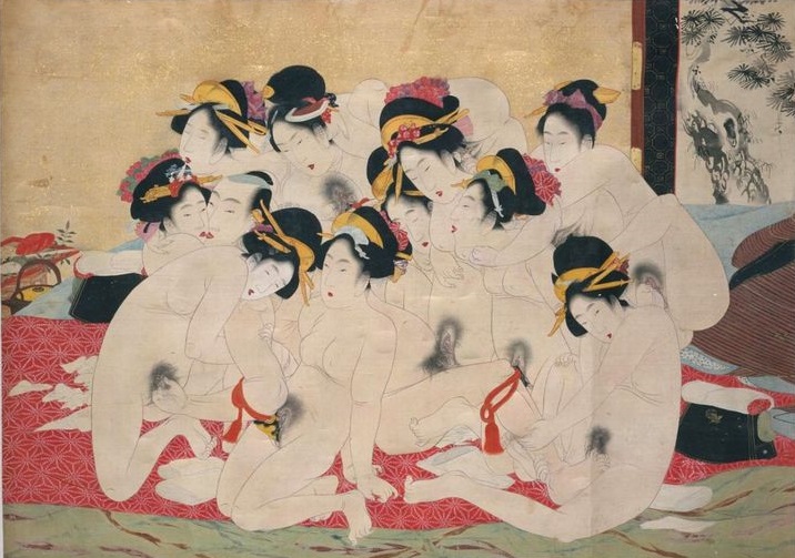 Erotic scroll painting featuring one male making love to ten women