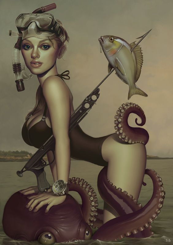 harpoon girl with angry octopus by Serge Birault