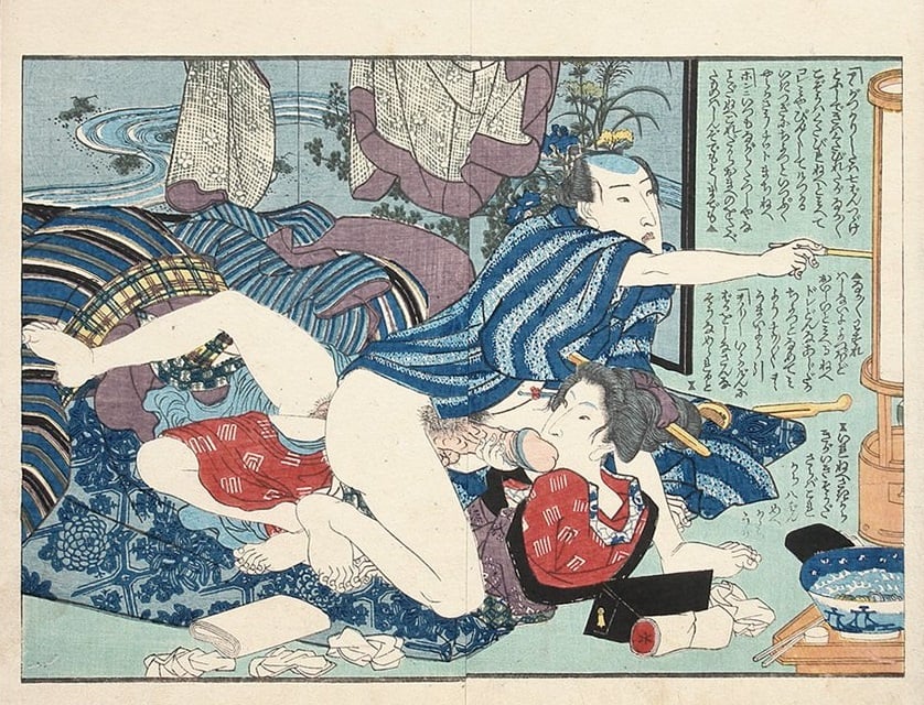 Shunga print of a female performing oral sex to her husband