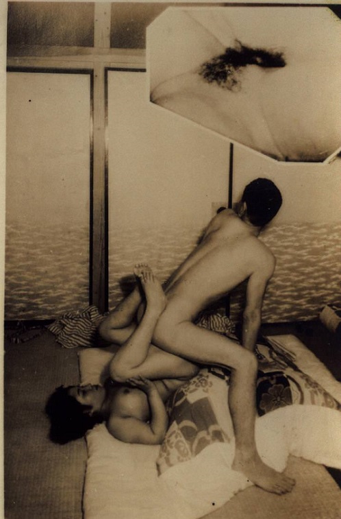 Intimate couple in an experimental pose including insert of the intercourse close-up