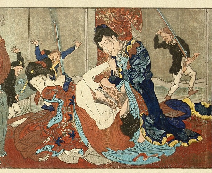 A westerner is wetting his fingers before penetrating a courtesan.