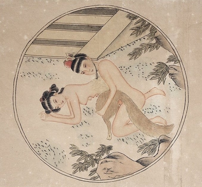 Painting with a young Chinese boy penetrating a húli jīng (fox spirit) from the rear in a garden underneath a staircase