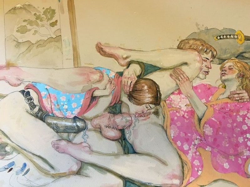 subversive painting depicting a threesome with lesbian and anal sex