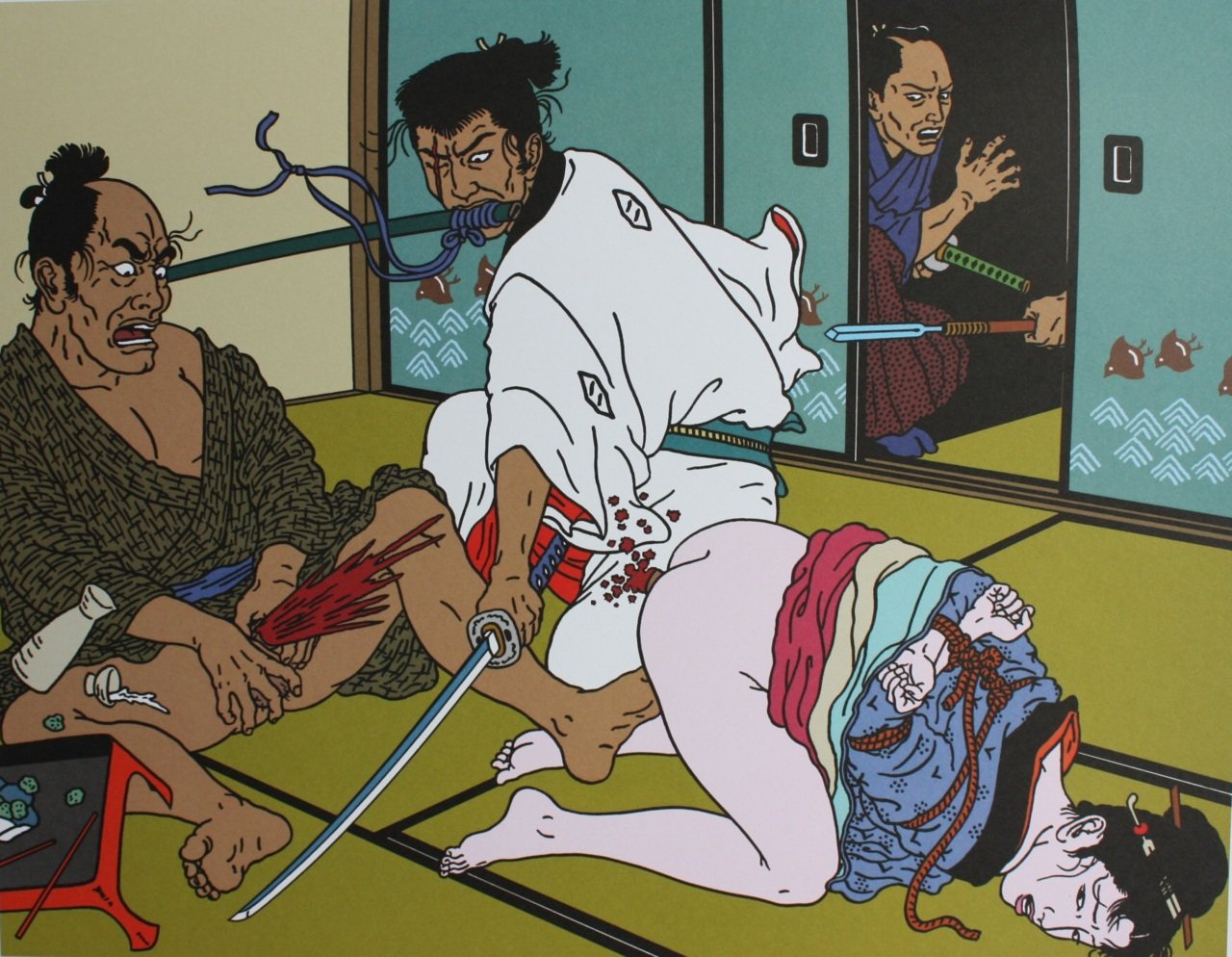 toshio saeki painting with castration by a samurai - tied female