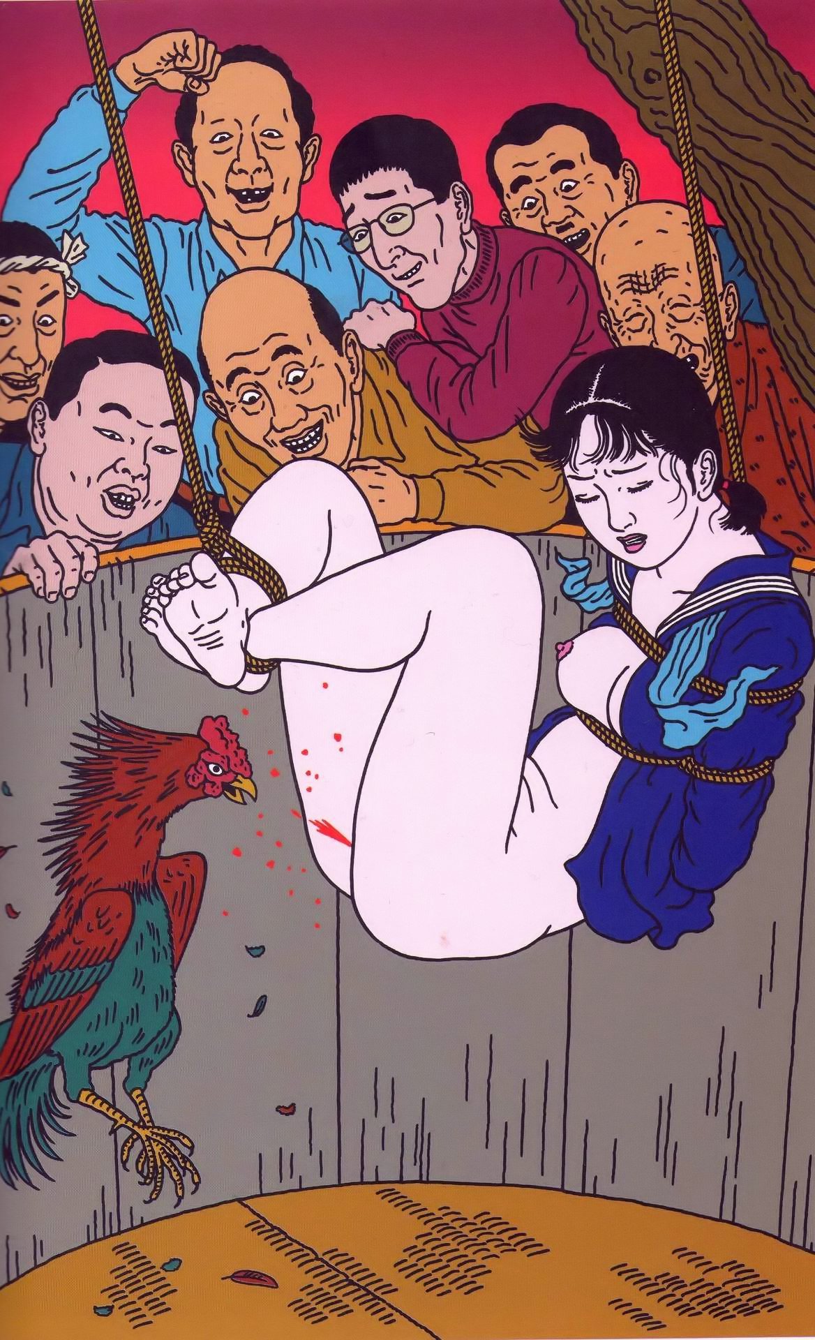 rooster picking the vulva of a tied girl hanging above a well