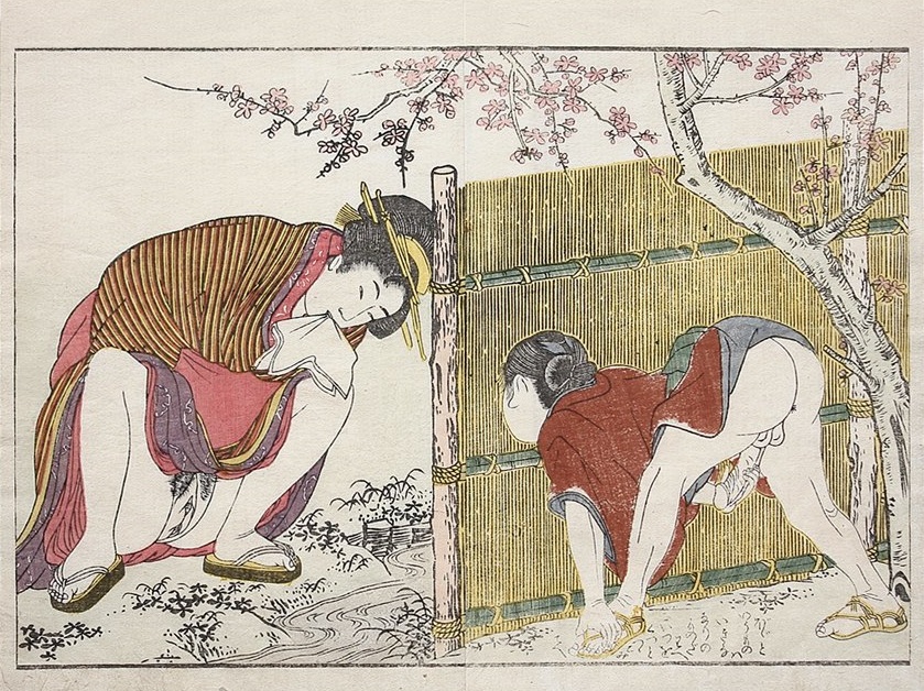 A masturbating man is peeking behind fence, looking at a peeing woman.