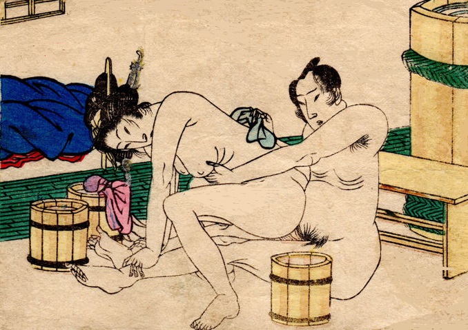 A couple is washing and copulating in the bathhouse.