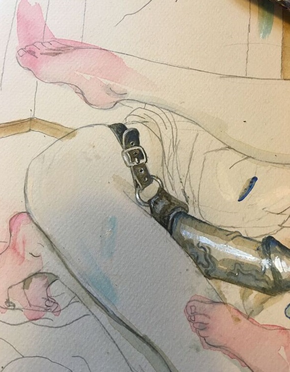subversive art: Detail preparatory painting depicting strap-on dildo
