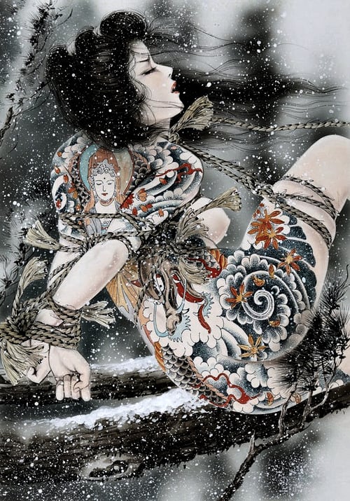 Tied tattooed girl sitting on a snowy branch by ozuma kaname