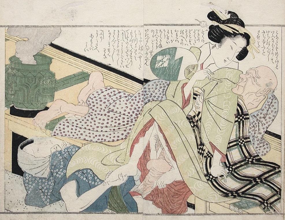 osaka artist Goshichi: Another design that show us the participation of an elderly person in an intimate encounter. The younger male is laying underneath a porch about to penetrate the courtesan sitting on the veranda while the old man caresses one of her breasts. In the background a vessel burns to scare off mosquitoes.