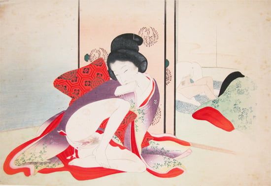 A peeking woman stimulating herself while observing an intimate couple in the other room by Tomioka Eisen