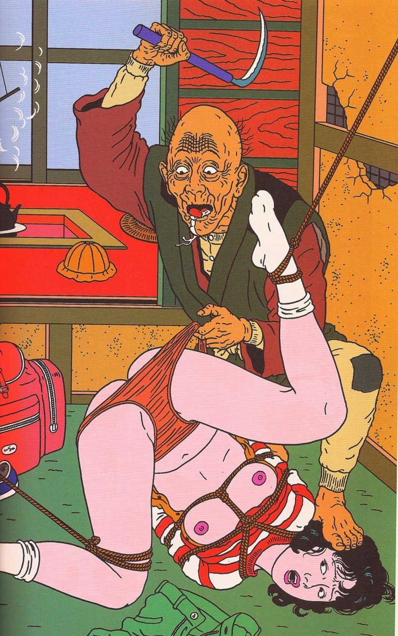old male with sickle striking the buttocks a young tied female by toshio saeki