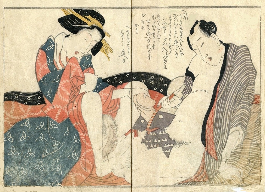 print by Hokusai - a playful couple is investigating eachothers private parts,