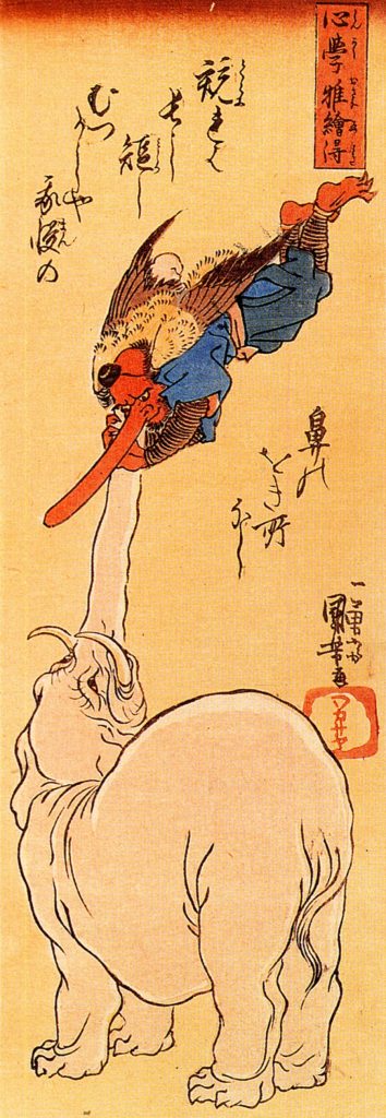 tengu demon: Elephant catching a Tengu by Kuniyoshi
