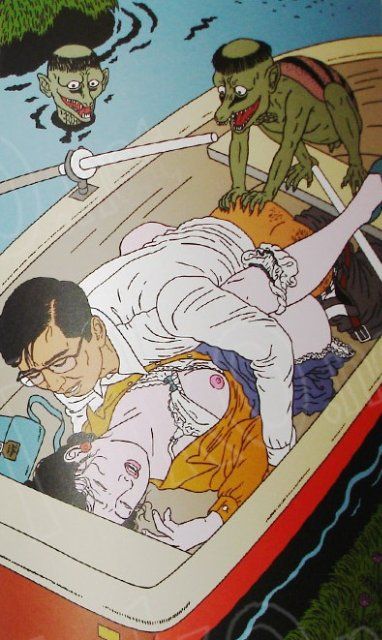 man with glasses raping a girl in a rowing boat with two amused kappa creatures by toshio saeki