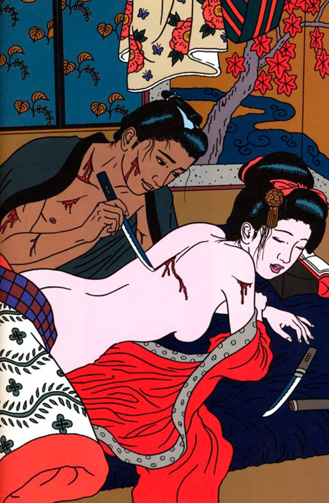 a young scarred male is carving the back of a geisha with a blade