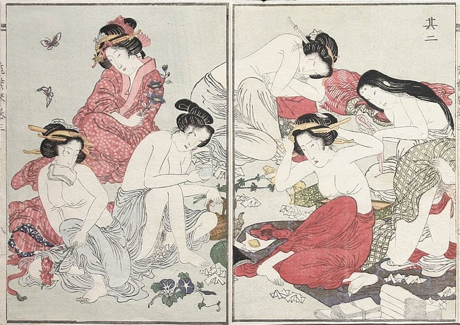 The notorious and insatiable cheater Kiyohito with 13 courtesans