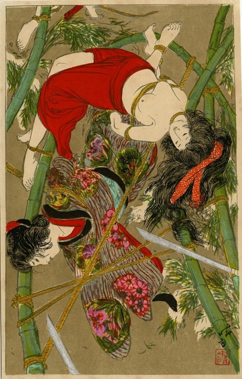 Women tied to a bamboo torture wheel