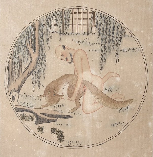 painting with a scene in the garden of a bearded man is making love to a fox spirit (húli jīng) from the rear