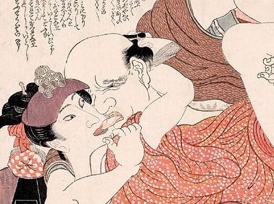 Detail of a shunga with a wakashu kabuki actor tongue-kissing with a greasy client by Shigenobu