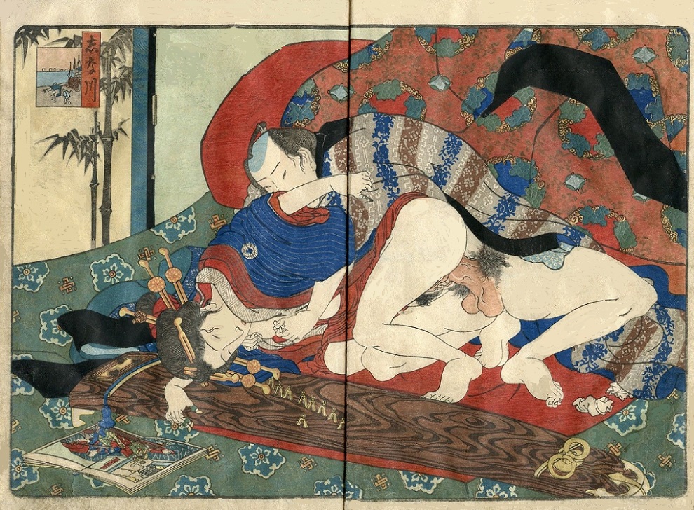 Geisha and client copying an intimate couple depicted in a shunga book