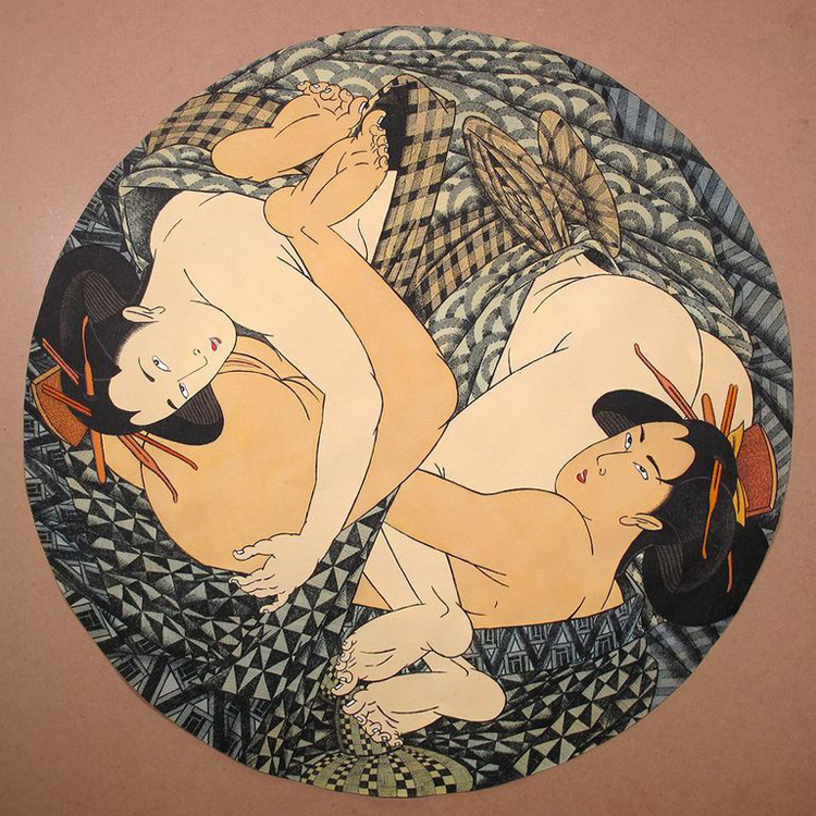 shunga plate portrayinga a lesbian couple in the 69 pose by fernando bellver
