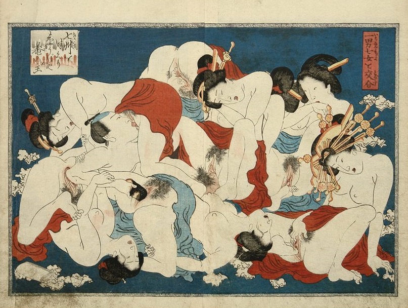 Male making love to numerous women' (c.1840) from the series ’Watching Colored Leaves‘ by Utagawa Kuniyoshi 