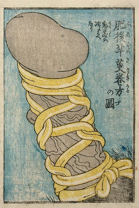 Close-up of a tied penis (c.1839) from the series 'Ama no ukihash' by Keisai Eisen