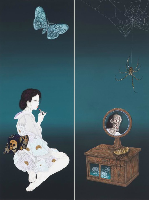 diptych with sensual female and butterfly with cupboard and mirror with skeleton reflection by yuji moriguchi