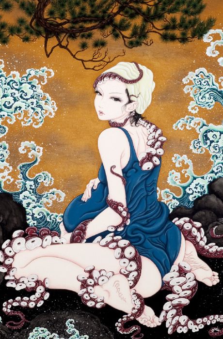 yuji moriguchi: pregnant ama diver sitting at the seashore with tentacles all over her body 