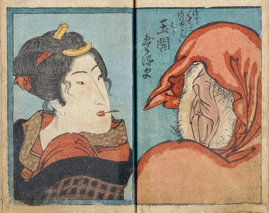 double print with geisha close up and vagina-faced buddha