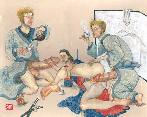 threesome with male bespectacled twins drinking tea during sex by jeff faerber 
