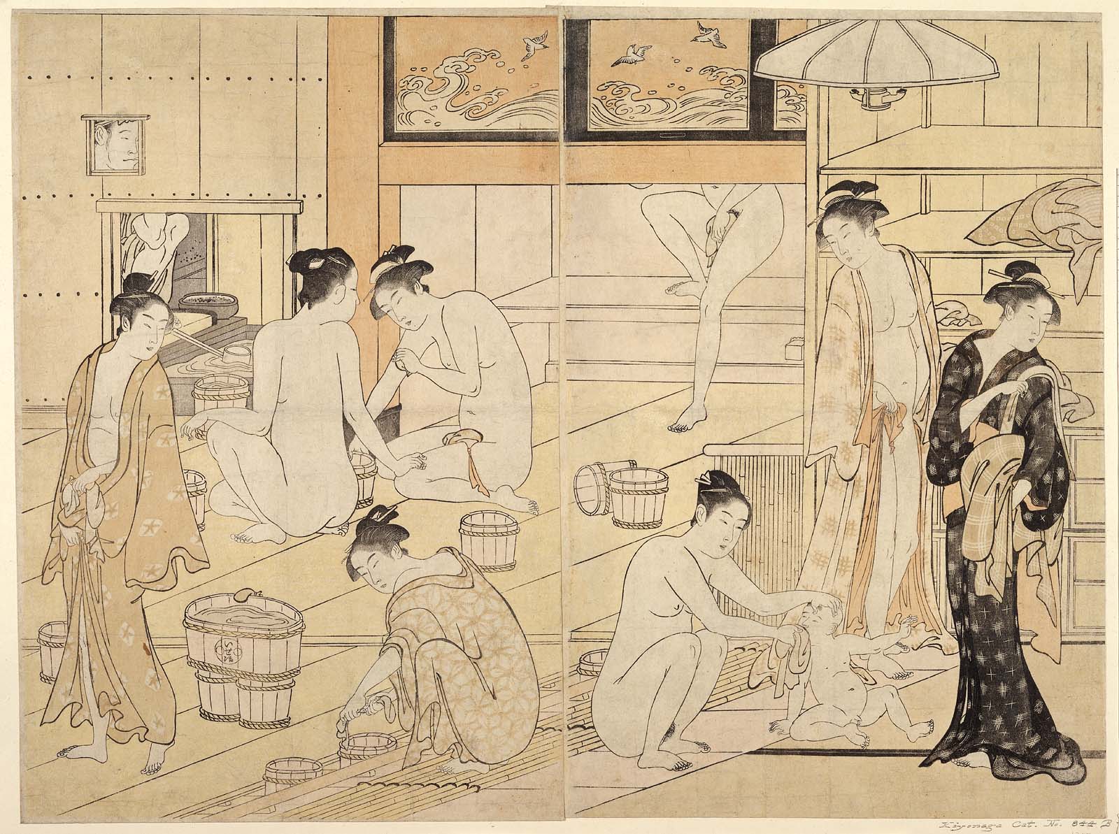 A crowded interior of a bathhouse with in the centre a woman who is cleaning her baby by Kiyonaga