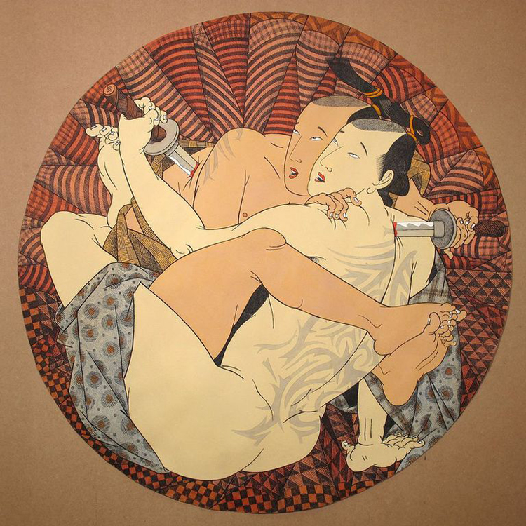 shunga plate portrayinga a tattooed male and bald-headed male sticking a blade into each other by fernando bellver