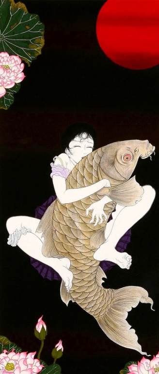 girl embracing a carp against a black background and red sun by yuji moriguchi