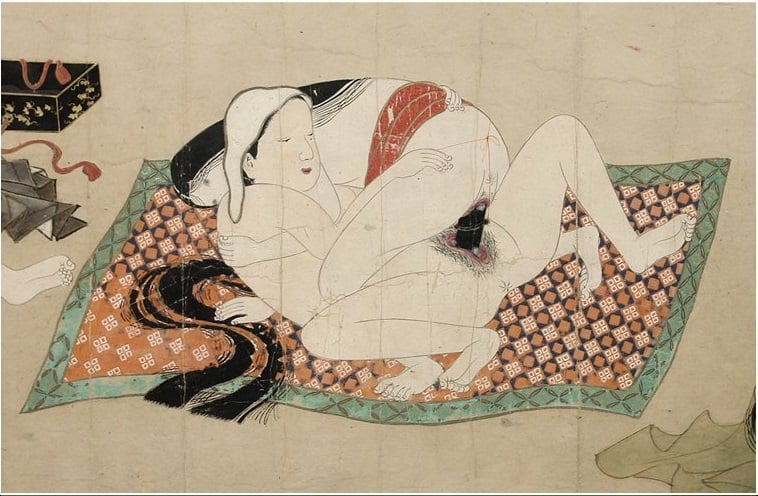 lesbian shunga with Lesbian couple using a tagaigata (double-sided dildo)