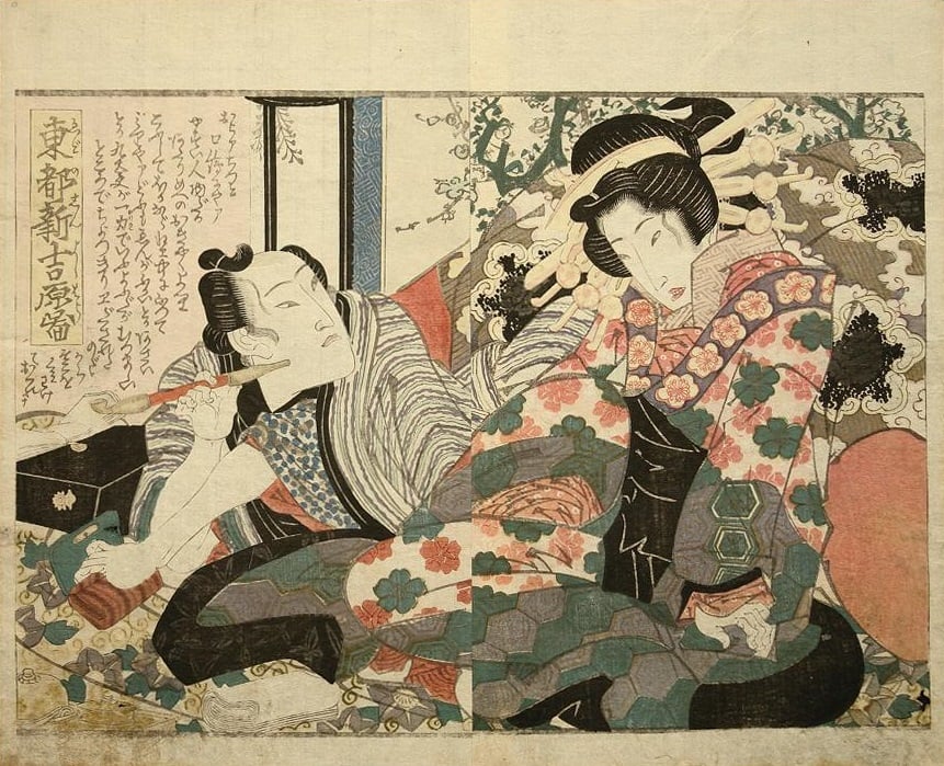  A couple is sensing each other. The woman is an oiran.