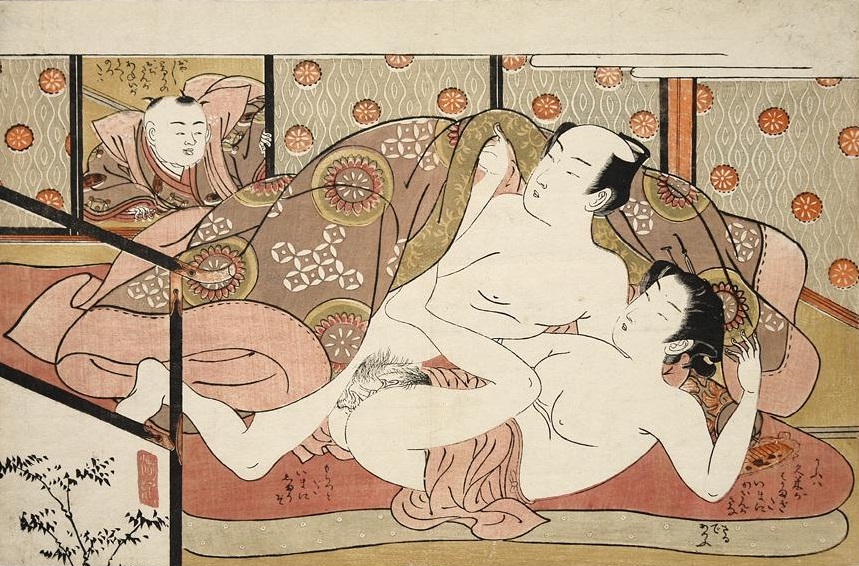 Isoda Koryusai - Couple having intercourse while beeing watched by a small boy peeking through the sliding doors.