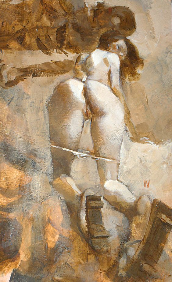 ashley wood: oil painting with a nude girl on a bed showing her ass