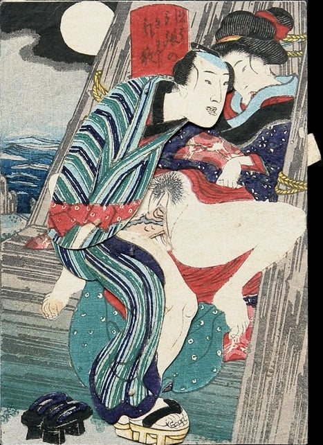 'Intimate couple in the harbour' (c.1850). Shikake-e by an unknown pupil of te Utagawa school