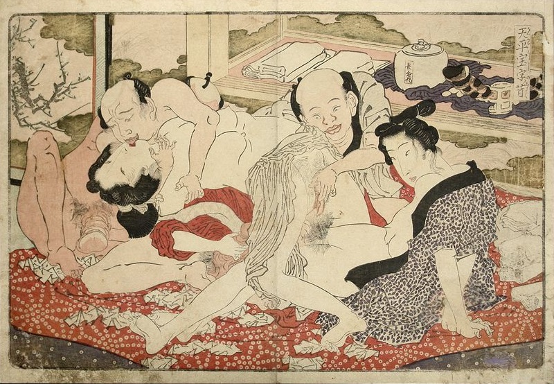 A shunga print displaying three men and two women pleasing eachother